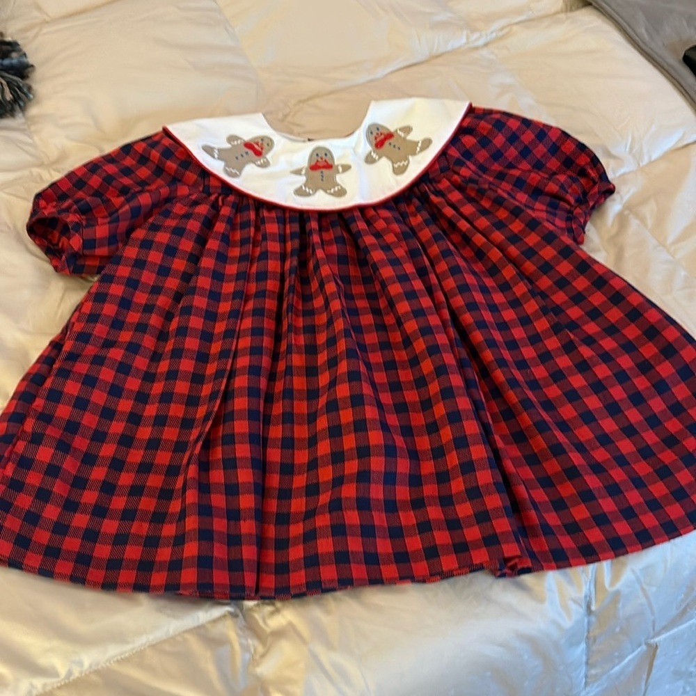 Samara Gingerbread men collar dress 3T navy red check EUC poly rayon blend